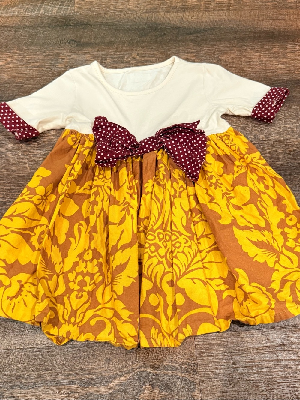 Persnickety Cream, Mustard & Burgundy Floral Bow Dress